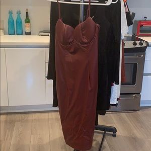 Burgundy leather dress.